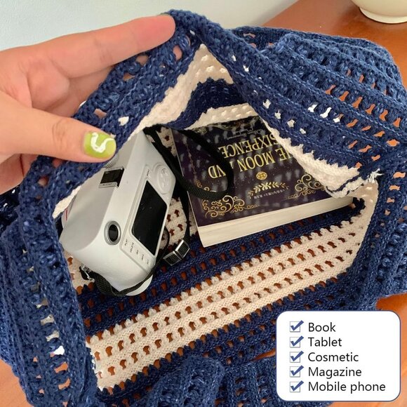 Women's Navy Blue Crochet Bag Cute Mesh Summer Knitted Shoulder Beach Tote Bags - Picture 4 of 7